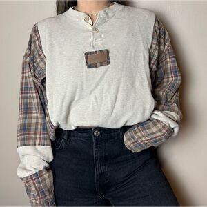 Reworked Upcycled Wrangler Henley Long Sleeve Neutral Baggy Flannel Shirt Top